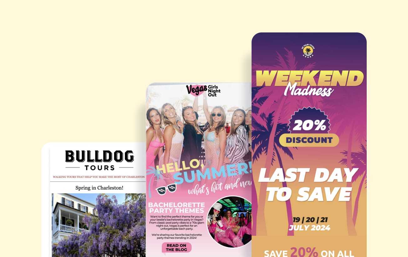 Example touring, events, and recreation emails.