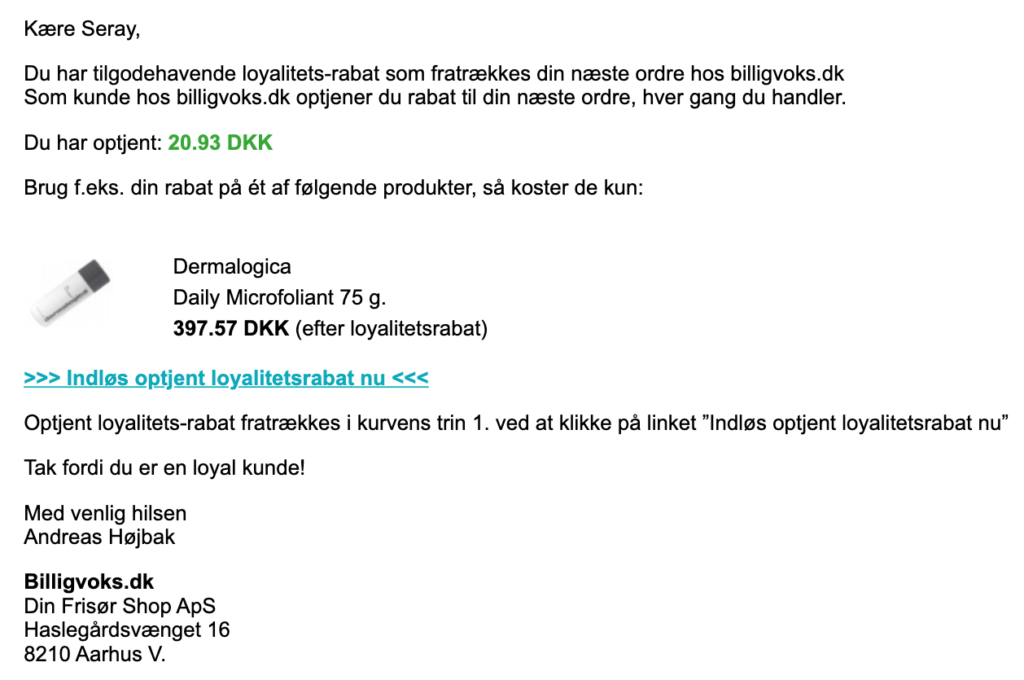 Billigvoks Loyalty Bonus Email