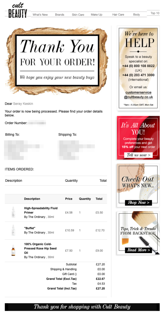 Cult Beauty Order Confirmation Email