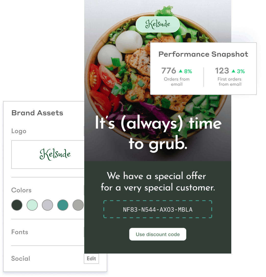 Illustration of an special offer email overlaying brand assets and performance snapshot windows. Illustration of an special offer email overlaying brand assets and performance snapshot windows.